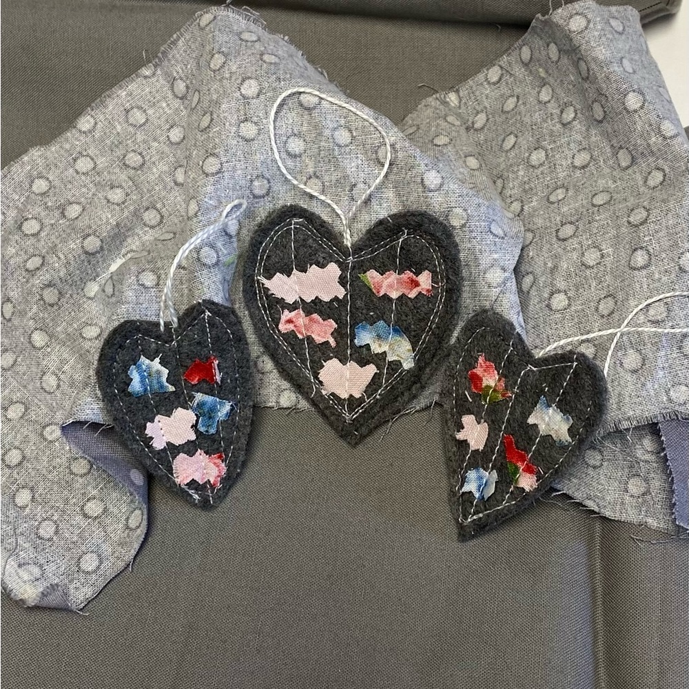 Cottagecore Little felt scrappy love valentine hearts. Set of 3 hand crafted